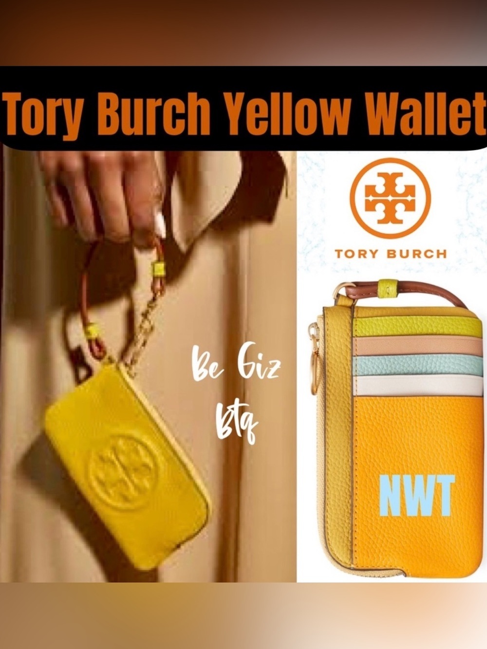 🔥🔥Tory Burch Authentic Leather Color Block Zip Card Case Yellow NWT